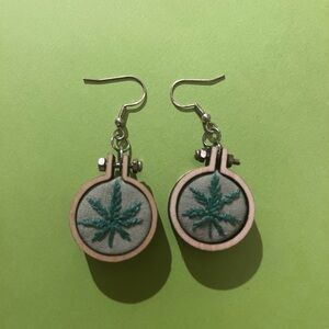 Embroidered Leaf Earrings with Wooden Hoops